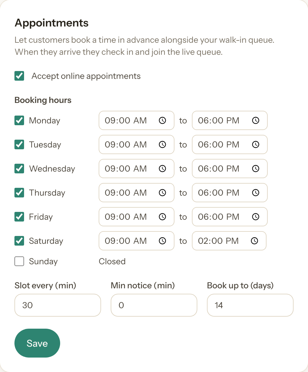 The Appointments settings: an accept-online-appointments toggle, weekly booking hours, and slot/notice/horizon fields