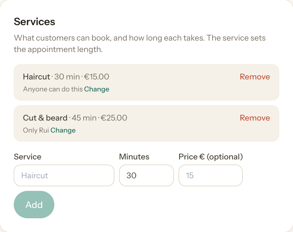 The Services settings showing a Haircut and a Cut & beard service with durations and prices