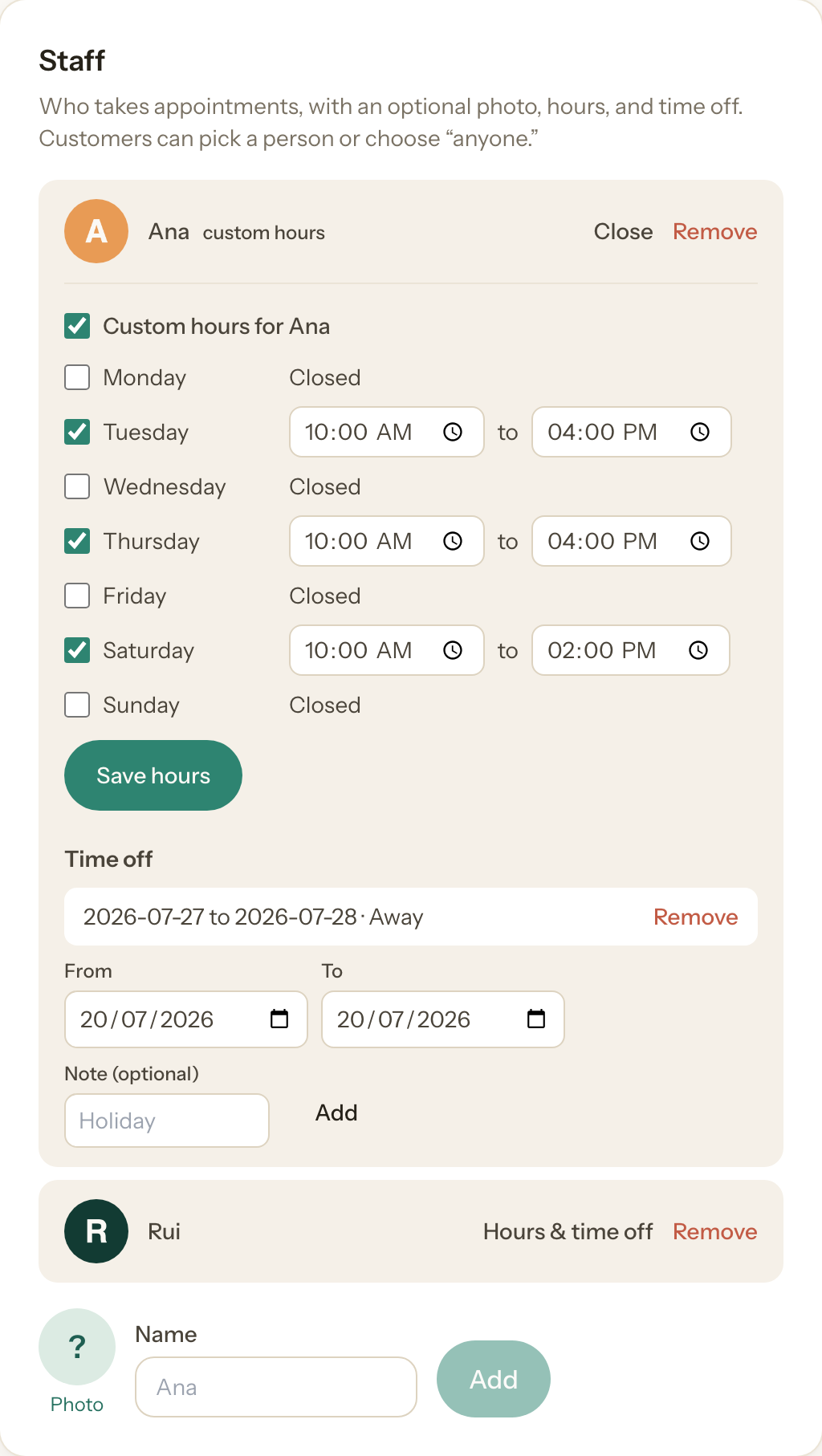 The Staff settings with Ana's expanded panel: a photo, custom weekly hours, and a time-off entry