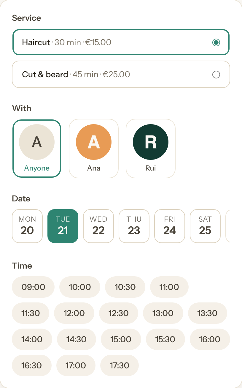 The customer booking page: service list, staff photo cards, a day strip, and available time slots