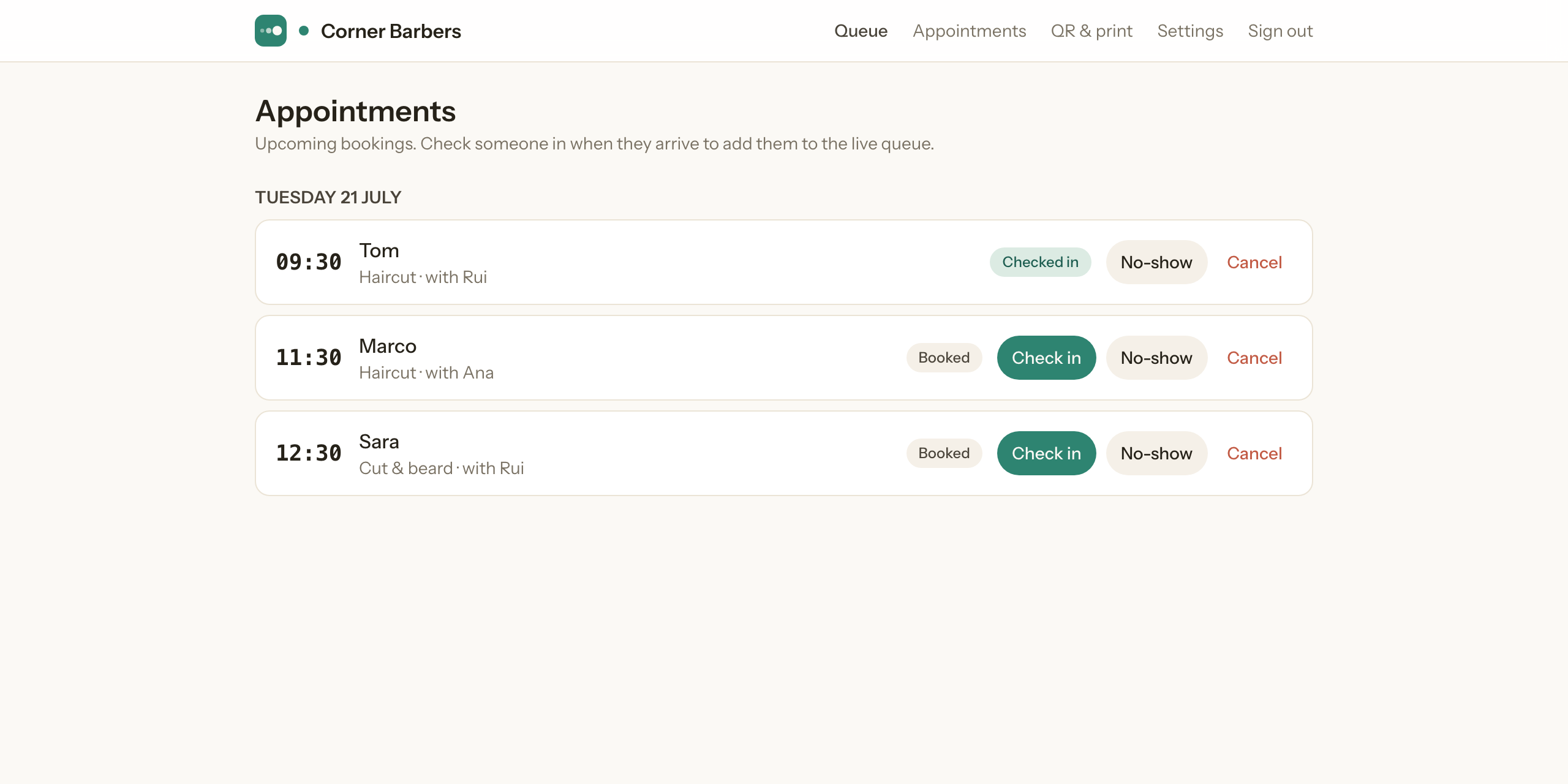 The owner's appointments agenda listing the day's bookings with check-in, no-show, and cancel actions