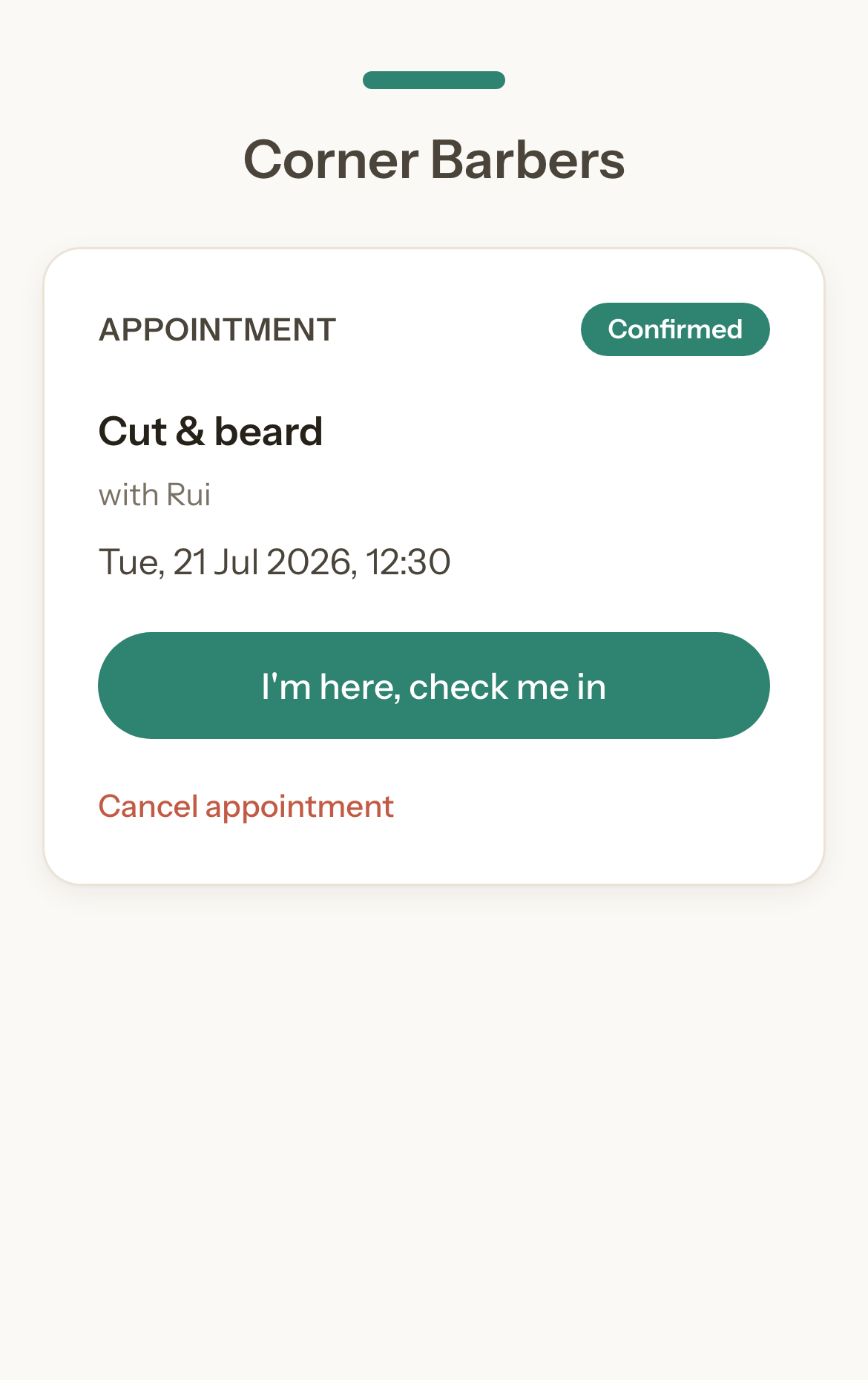 The customer's appointment confirmation page on a phone