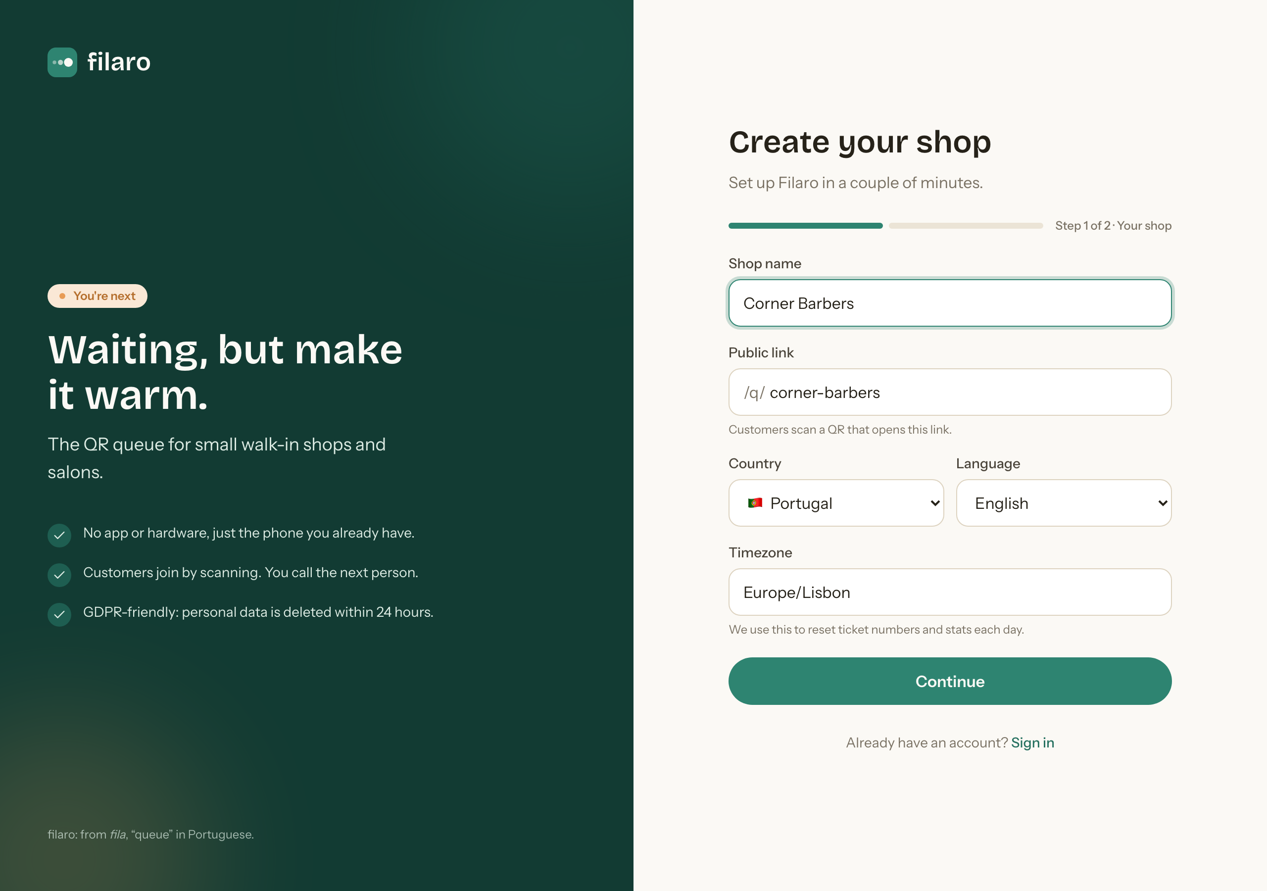The filaro create-your-shop screen, with shop name, public link, country, language and timezone fields