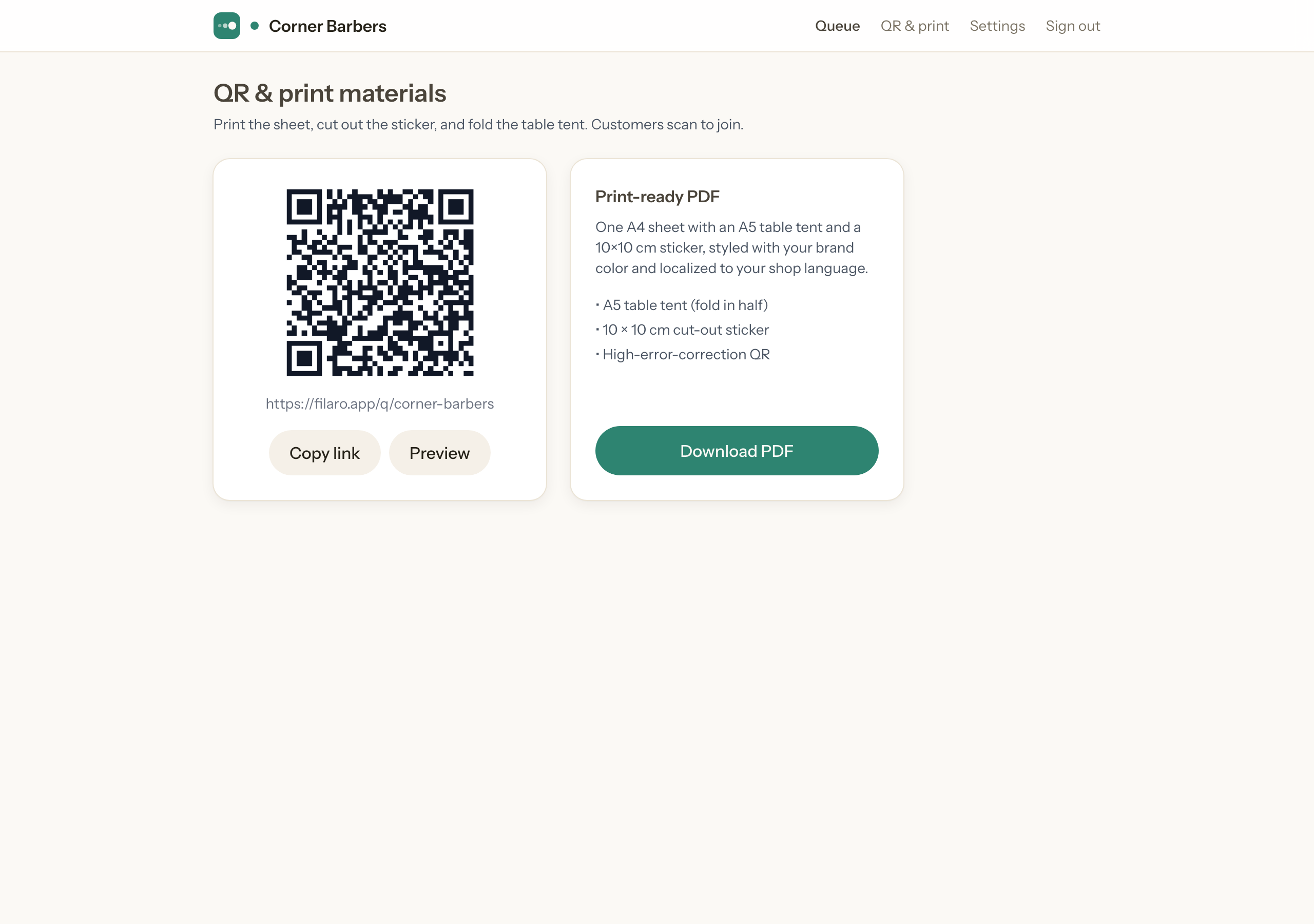 The QR and print materials page showing the shop QR code and a print-ready PDF download