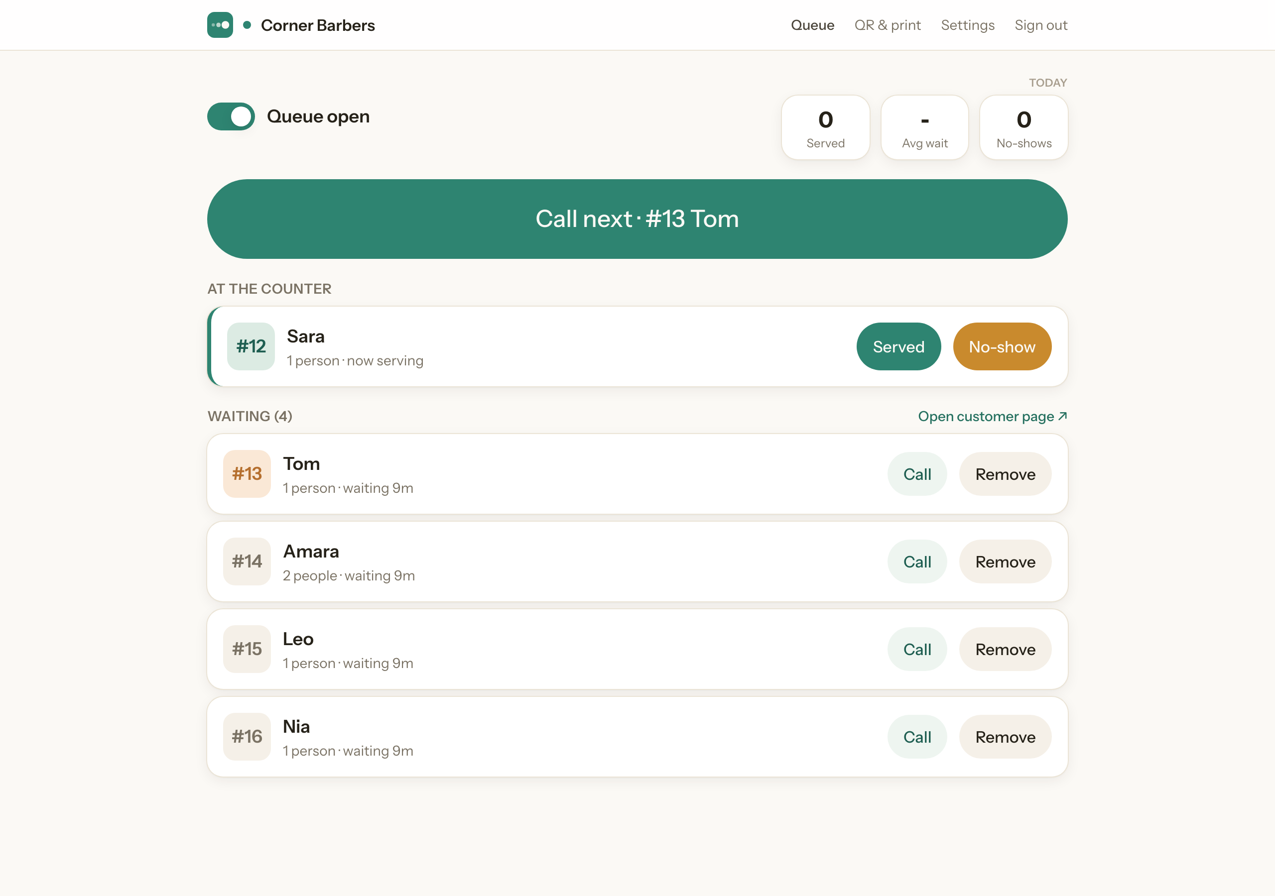 The filaro dashboard showing the queue open toggle, a call-next button, who is now serving, and the waiting list