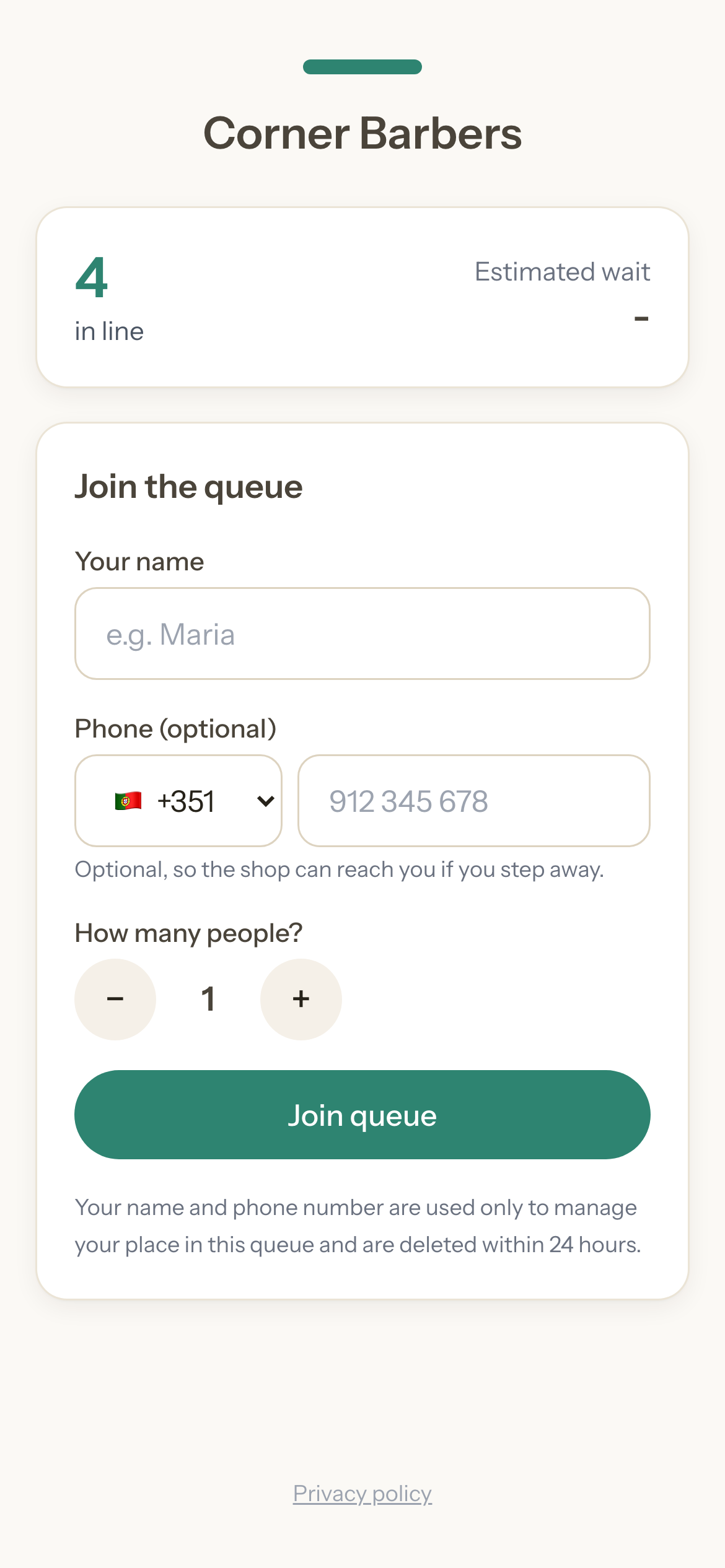 The customer join screen on a phone, showing people in line and a join form