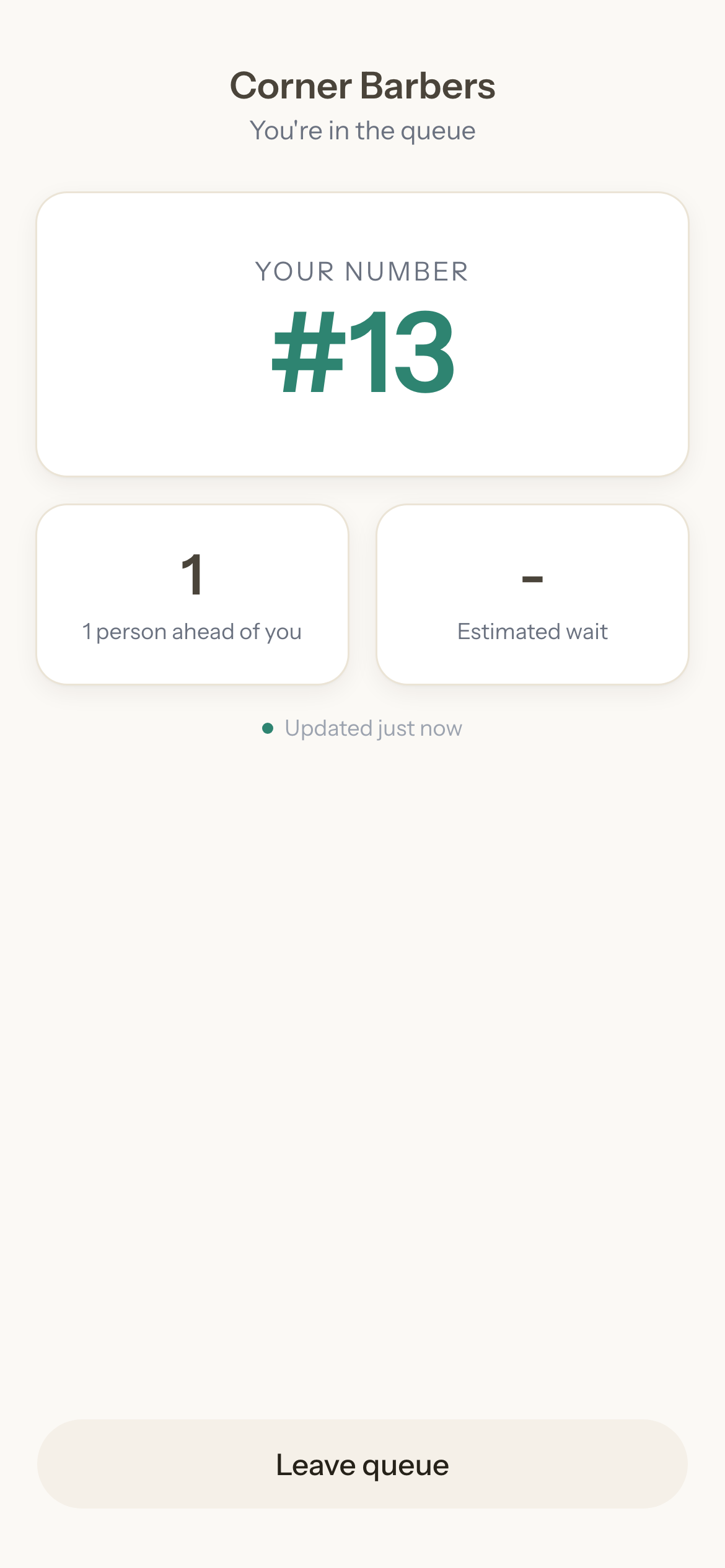 The customer waiting screen showing their ticket number and people ahead