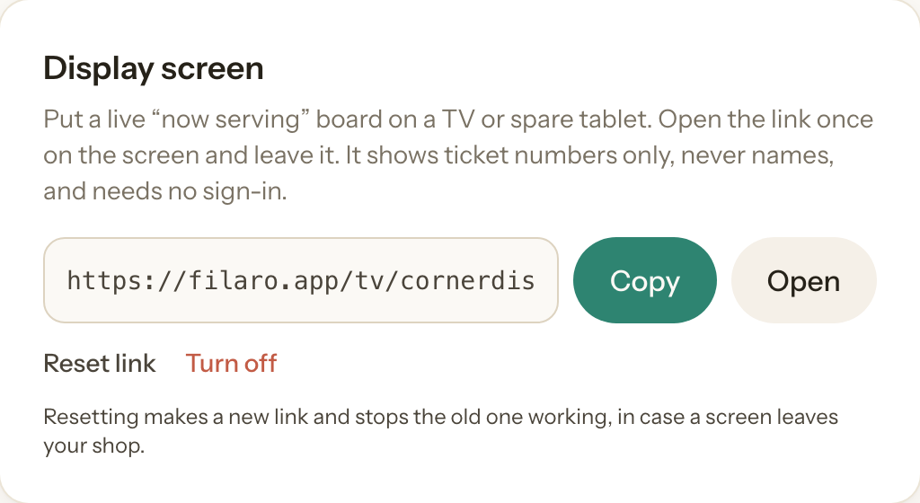 The settings display screen section with a shareable TV link, copy and open buttons