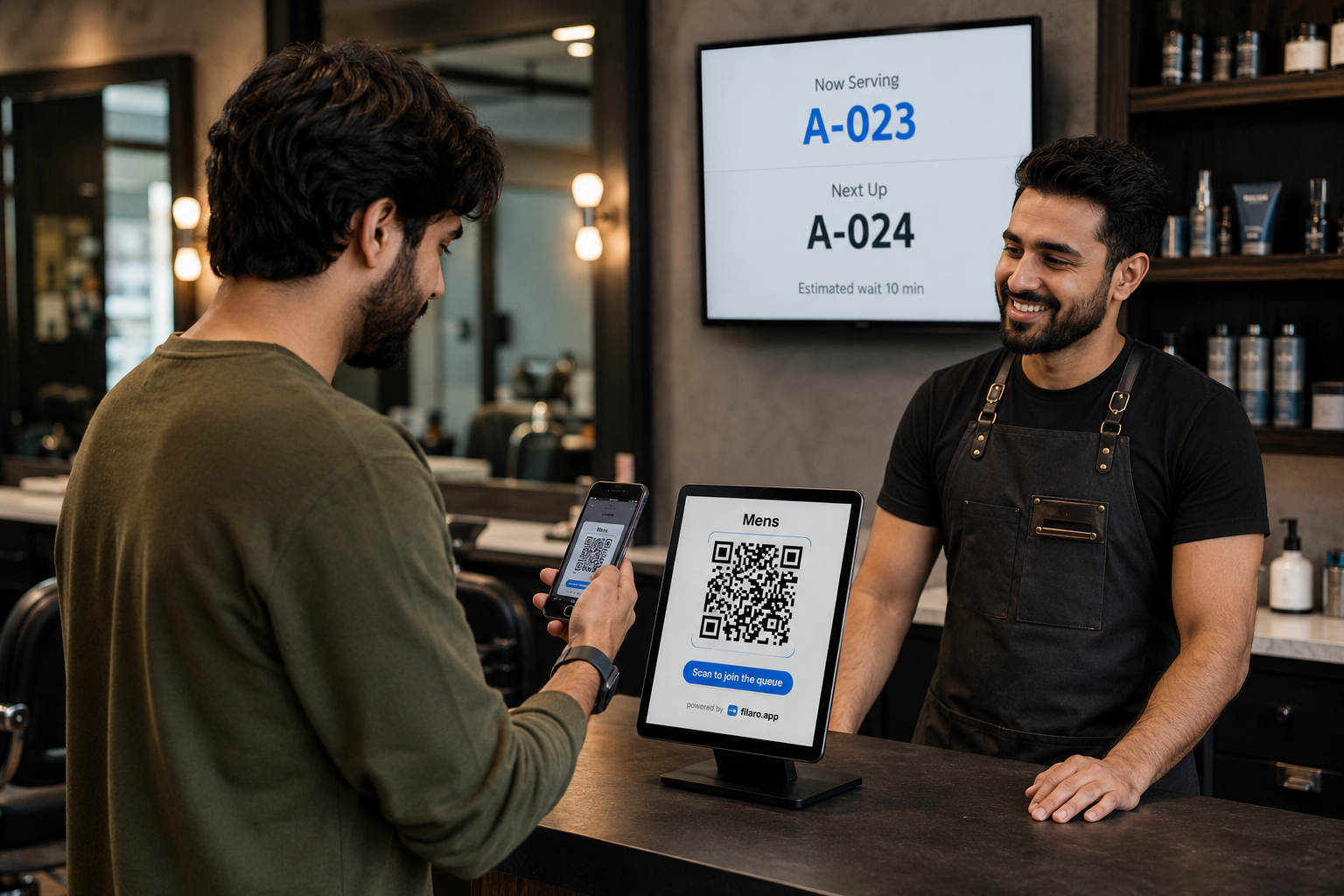 حلّاق يرحّب بعميل يمسح رمز QR الخاص بفيلارو للانضمام إلى الطابور